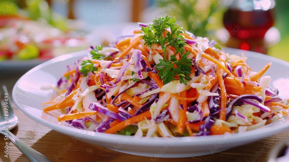 Poster A plate of food with a variety of vegetables including carrots and parsley. The plate is set on a wooden table