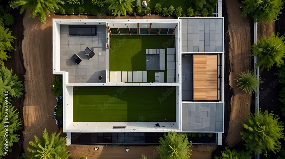 Wall mural aerial view of a modern home with solar panels and a huge pool, complete with immaculate landscaping