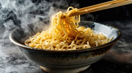 A bowl of noodles with chopsticks in it