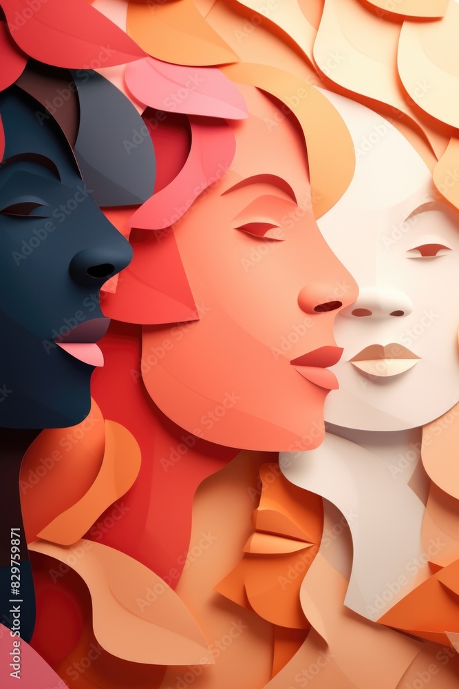 Poster three women with different colored faces are shown in a collage. the faces are drawn in a way that t