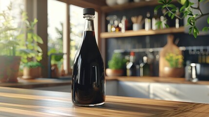 Sleek Bottle of Soy Sauce Basking in Modern Kitchens Natural Light