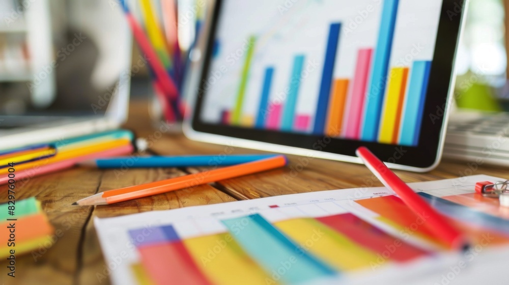 Poster a multi-colored bar graph displayed on a tablet, surrounded by office supplies on a desk.