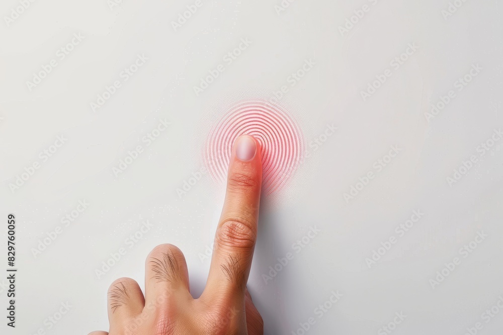 Poster finger pressing a glowing fingerprint scanner, illustrating biometric access control and advanced se
