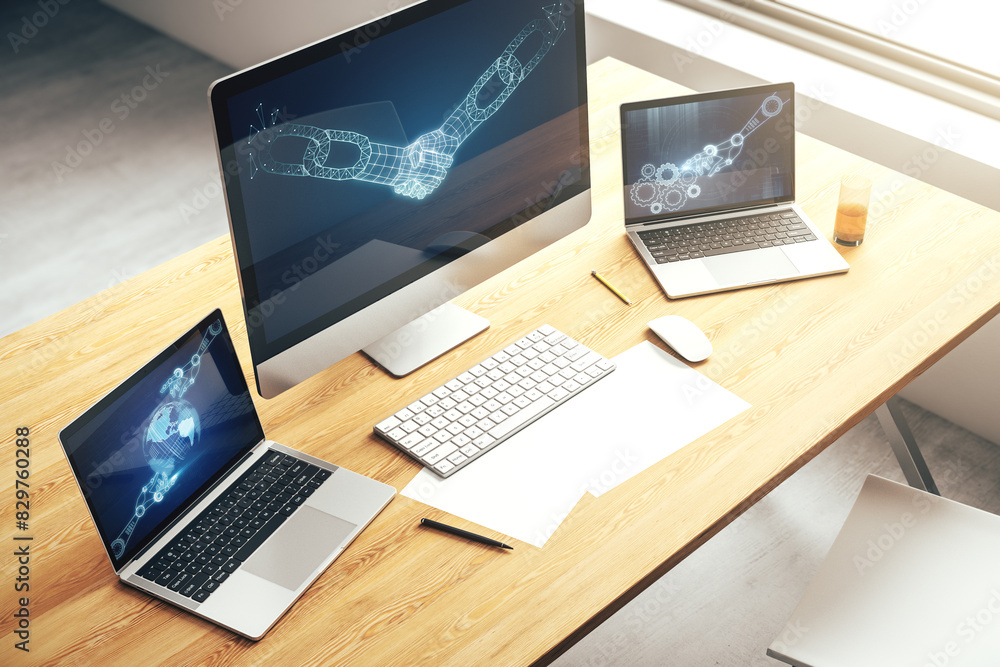 Poster creative concept of blockchain technology with handshake on modern laptop screen. digital money tran