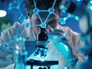 A man is looking through a microscope at a blue and green image. The image is made up of many small circles and lines, and the man is focused on a specific area. Scene is scientific and focused