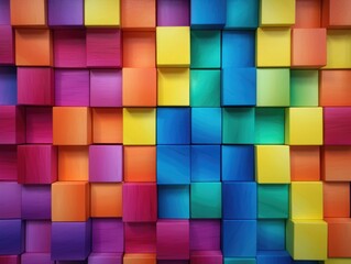 A colorful wall made of blocks with a rainbow pattern. The blocks are of different colors and sizes, creating a vibrant and lively atmosphere. The wall seems to be a work of art