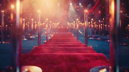 A red carpet with a red railing leading up to a stage