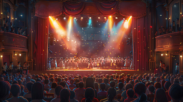 illustration of drama class rehearsal student dressed costume rehearsing scene play or musical stage set prop backdrop while student recite line perform choreography embody character passion enthusias