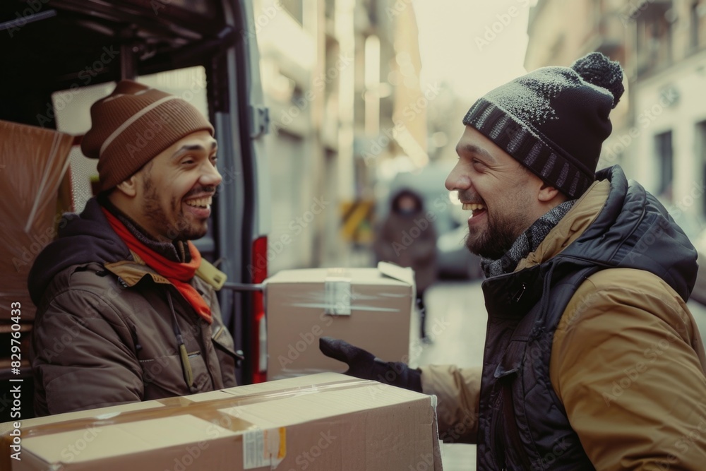 Poster two men are smiling and laughing while carrying boxes. one of them is wearing a brown hat. the scene