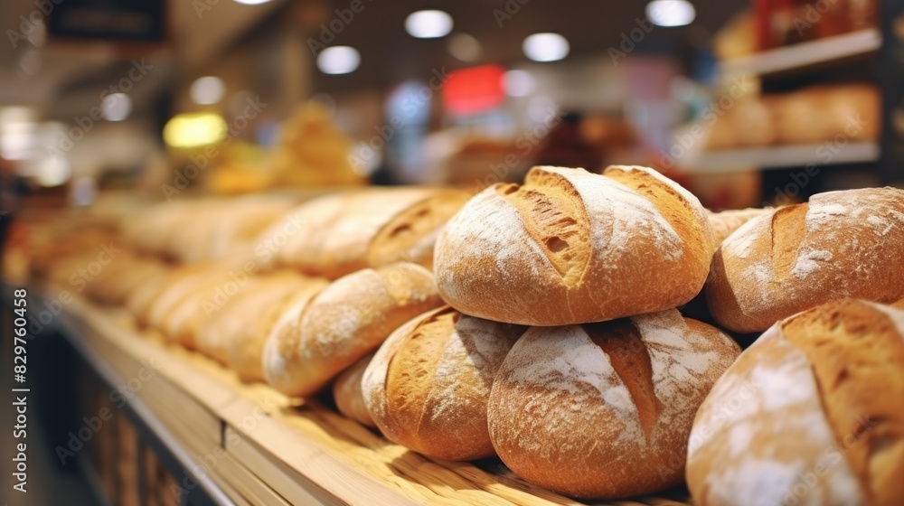 Poster a bakery display of bread with a variety of shapes and sizes. the bread is white and has a slightly 