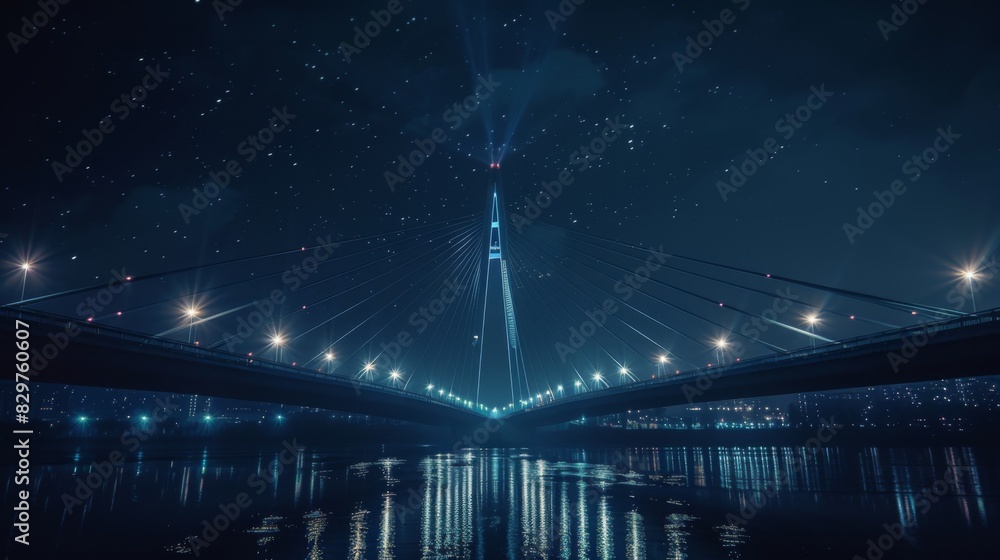 Aufkleber a night scene of a cable-stayed bridge over a river, with its illuminated cables forming a striking 