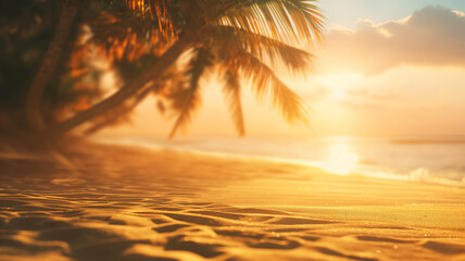 Tropical Palm Leaf Sand Beach Summer Blurred Background At Sunset. Holiday background.