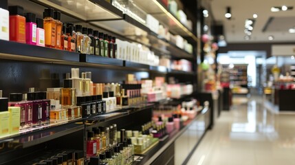 A store with many shelves of perfume and lotion. The store is brightly lit and the shelves are full of products
