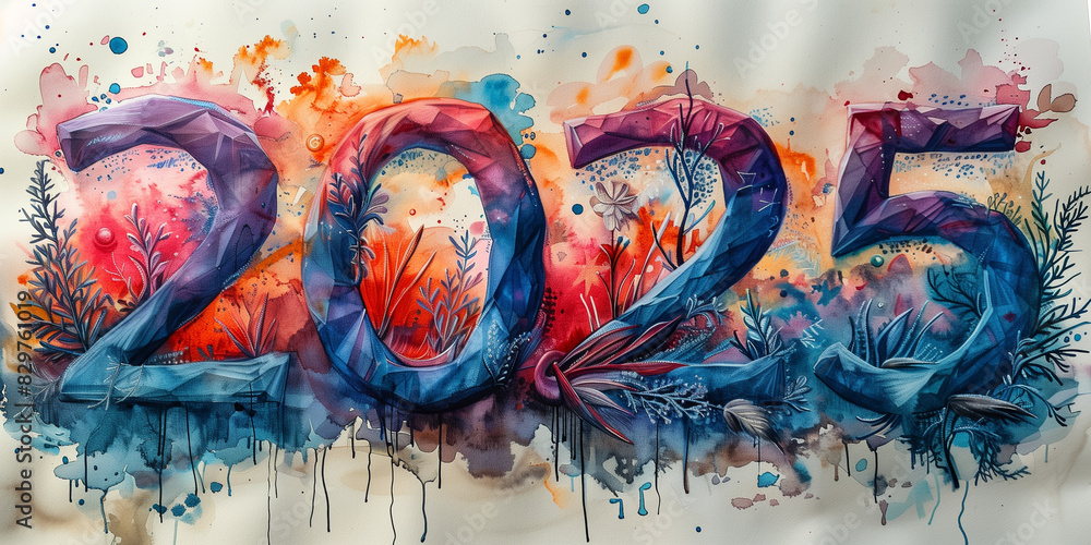 Poster watercolor painting of the number twenty repeated multiple times in an artistic style 2025 new year