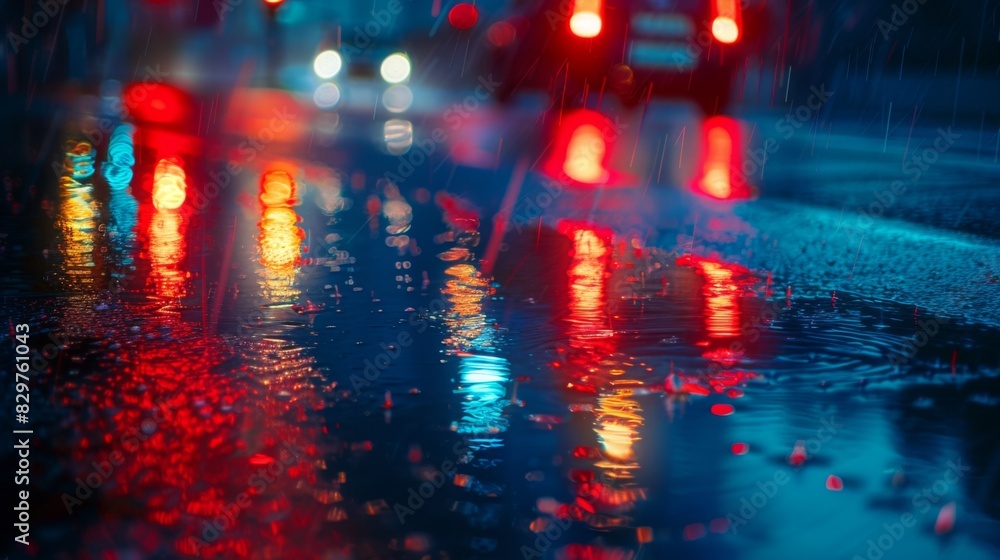 Poster a night scene with a traffic light showing red, and the reflections of the lights on wet pavement af