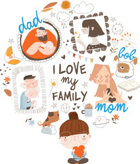 Cute Little Girl thinking about Her Family. Vector Illustration