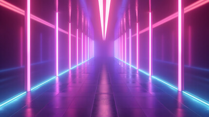 Abstract flying in futuristic corridor background, fluorescent ultraviolet light, mirror lines laser neon lines, geometric endless tunnel, 3d illustration. Generative AI.