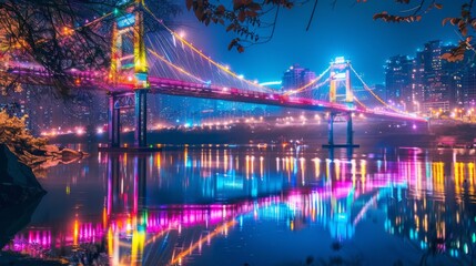 A night view of a suspension bridge with colorful lights, casting vibrant reflections on the river below.
