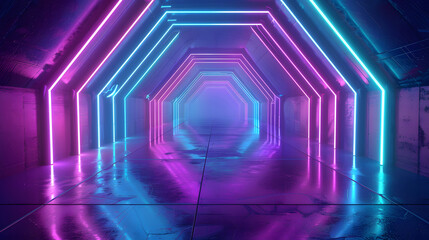 Abstract flying in futuristic corridor background, fluorescent ultraviolet light, mirror lines laser neon lines, geometric endless tunnel, 3d illustration. Generative AI.