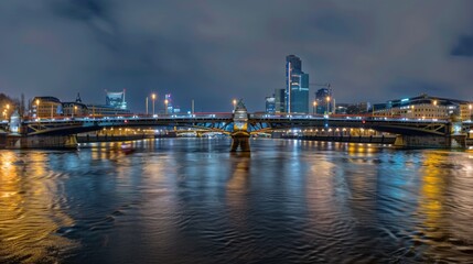 A panoramic night shot of a bridge spanning a river, with the illuminated cityscape in the background.
