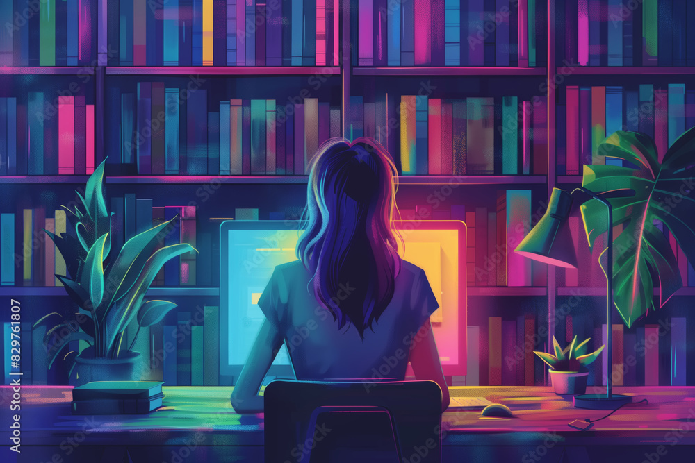 Poster woman sitting at desk in front of bookshelf working on the computer at night, back view