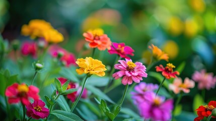 Close up of vibrant flowers blooming against a green backdrop