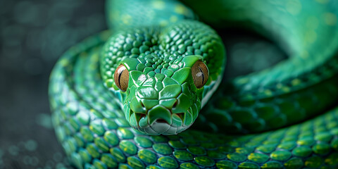 Fototapeta premium Detailed view of a green snakes head