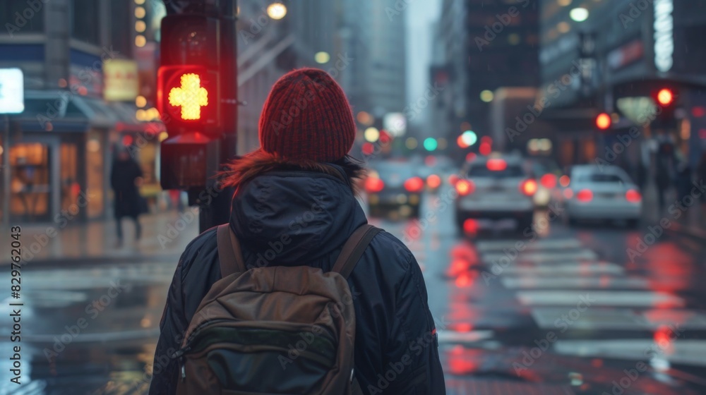 Poster a pedestrian waiting at a crosswalk with the pedestrian signal showing red, with shops and traffic i