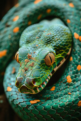 Fototapeta premium Close-up of a green snake coiled on a branch in a natural setting