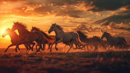 A herd of horses running across the dusty ground in front of the hills at sunset. Beautiful sunset orange light.