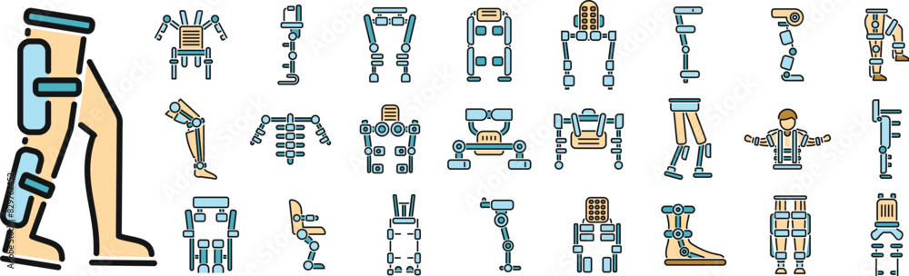 Poster exoskeleton icons set outline vector. body cyber. advanced future thin line color flat on white