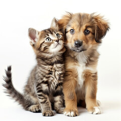 Obraz premium Adorable Puppy And Kitten Sitting Together On White Background