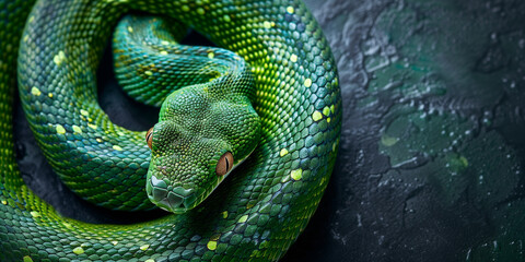 A green snake rests curled up on a rock copy space