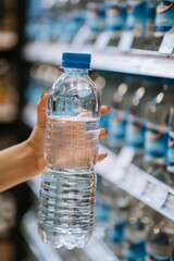 Closeup of woman s hand selecting a plastic water bottle from the shelf in a supermarket