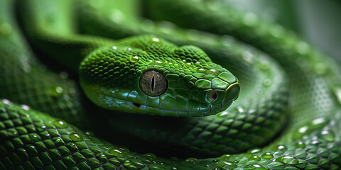 Obraz premium A close view of a green snake coiled on a tree branch