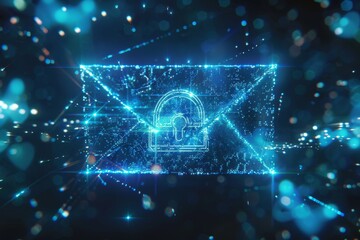 Glowing email icon with a lock, symbolizing secure communication and data protection in a blue-themed digital setting.