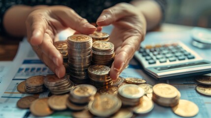 A person holding a stack of Thai baht coins in one hand, with financial documents and a calculator on a desk.