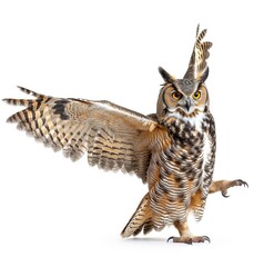 Naklejka premium Great Horned Owl Pointing with Wings Against White Background