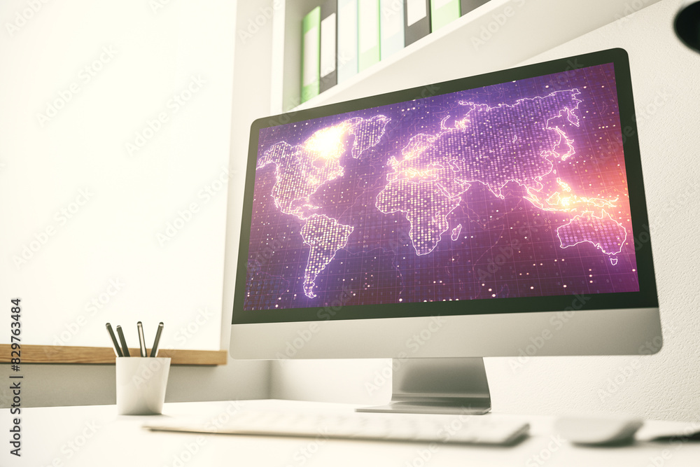 Poster abstract creative world map on modern laptop screen, international trading concept. 3d rendering