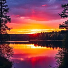 Fototapeta premium A breathtaking sunset over a calm lake, with the sky painted in vibrant hues of orange and pink, reflecting on the water.