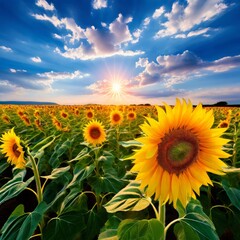 Obraz premium A close-up view of sunflowers in a field, with a vibrant blue sky and bright sunshine highlighting the yellow petals.