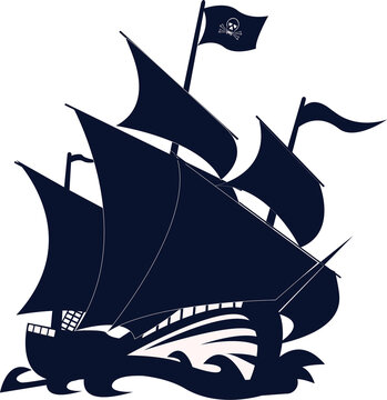 Silhouette d'un trois mats de pirate sur fond blanc	