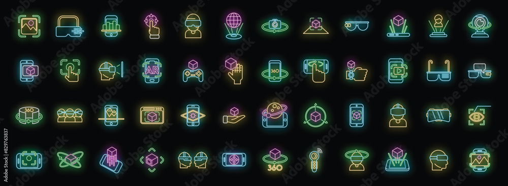 Poster augmented reality icons set outline vector. virtual reality. cube 360 neon color on black
