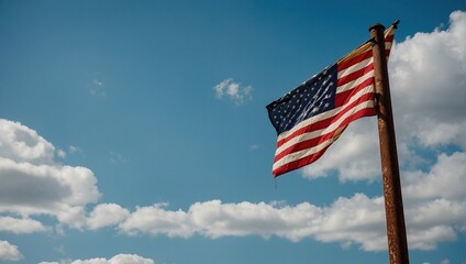 Fototapeta premium An American flag against a blue sky on an old rusty