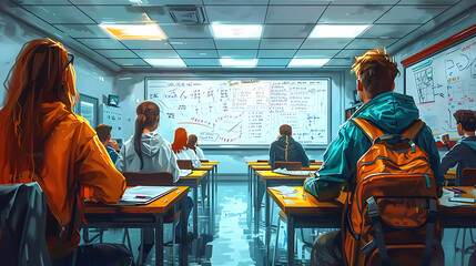 illustration of a math class in session with students solving equations on whiteboards working in pairs to tackle challenging problems and receiving guidance from their teacher