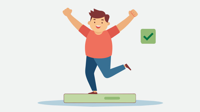 A man jumps for joy as he sees his weight on the scale has dropped by 10 pounds a small but significant victory in his weight loss journey.. Vector illustration