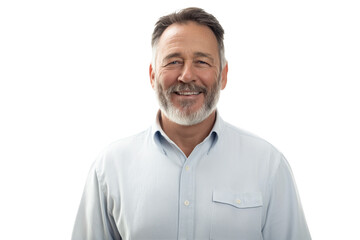 Fototapeta premium Middle-Aged Man in Light Blue Shirt Smiling on White Background