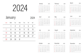 Calendar template for 2024 year. Wall calendar grid in a minimalist style.