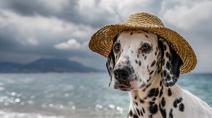 Dalmatian Dreams: Elegant Canine in Straw Hat on Sunny Beach