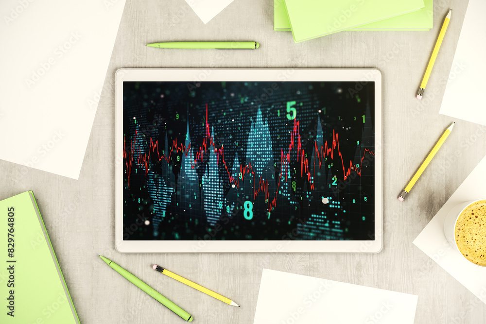 Poster modern digital tablet screen with abstract financial diagram, banking and accounting concept. top vi